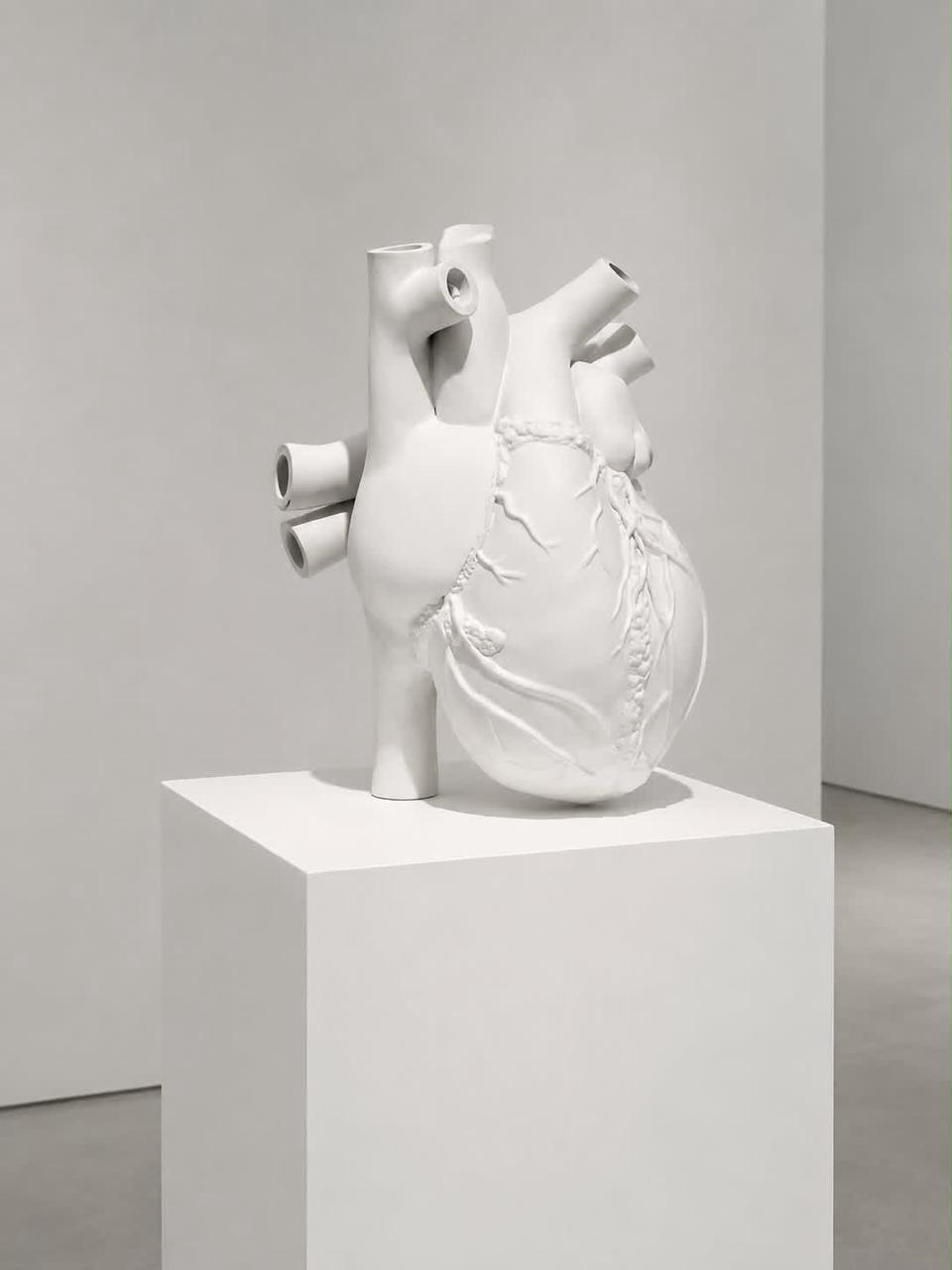 Escultura anatómica de un corazón blanco sobre un pedestal